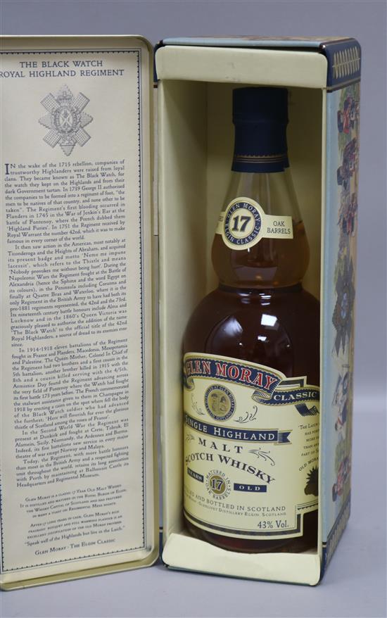 A bottle of cased Glen Moray Blackwatch 17 year old malt scotch whisky